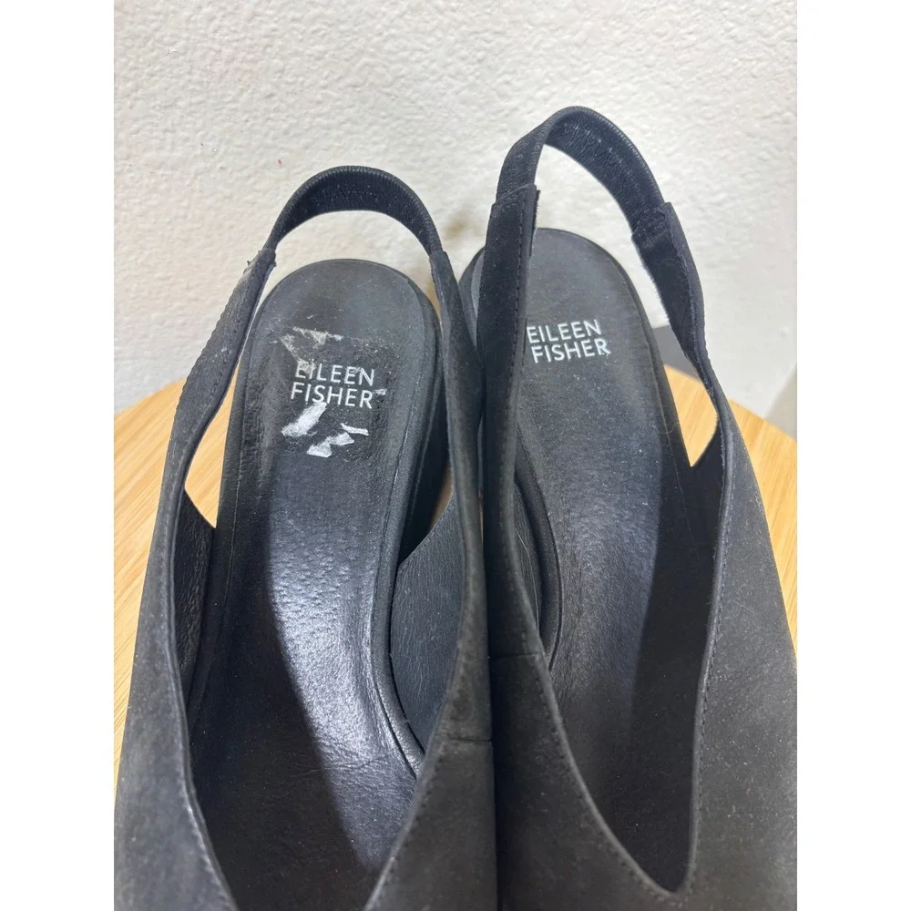 Eileen Fisher Wedges 8 Slingback Black Nubuck Pointed Toe V-Neck Pumps